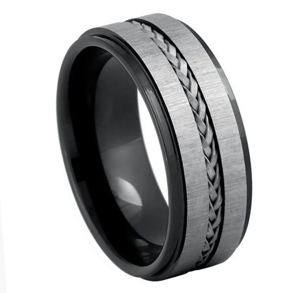 8mm black Tungsten with Braided Steel Rope Inlay Eternity Tungsten Wedding Band